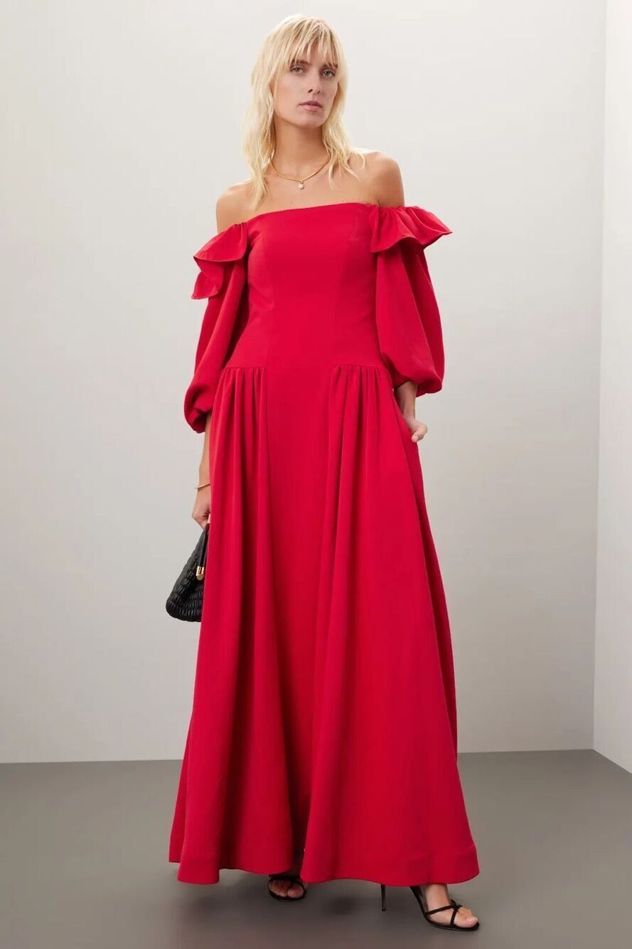 Zac Posen Off Shoulder Ruffle Maxi Gown in Red Size 2